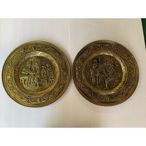 2 Large 16.5” Vtg Brass Tarvern Scene Relief Decorative Wall Plates-England READ